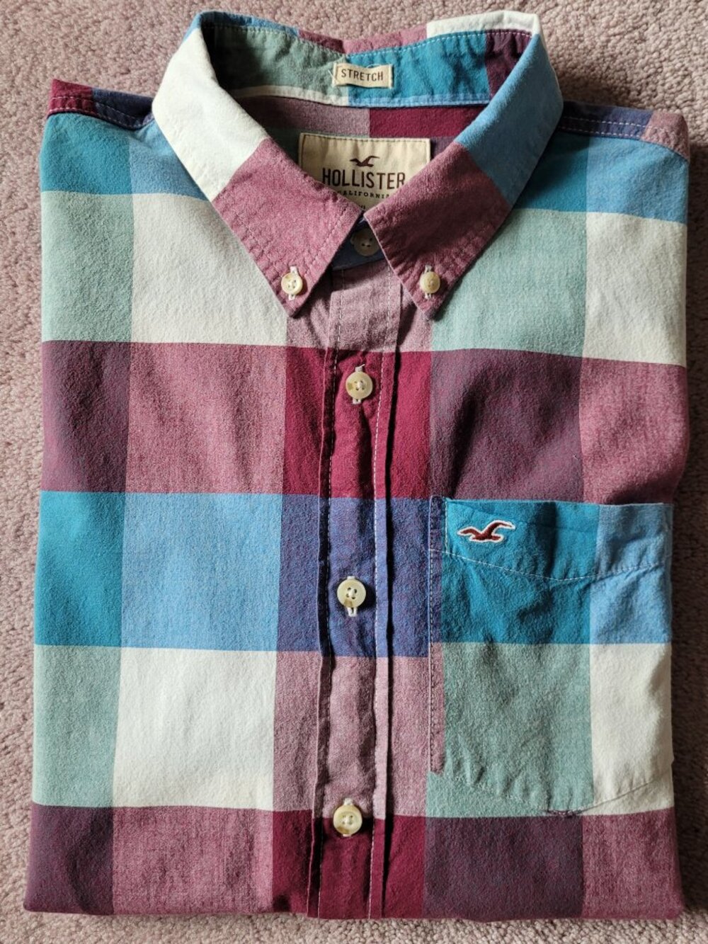 Hollister Men's Button Up Casual Shirt Purple Turquoise Plaid L/S Size XL